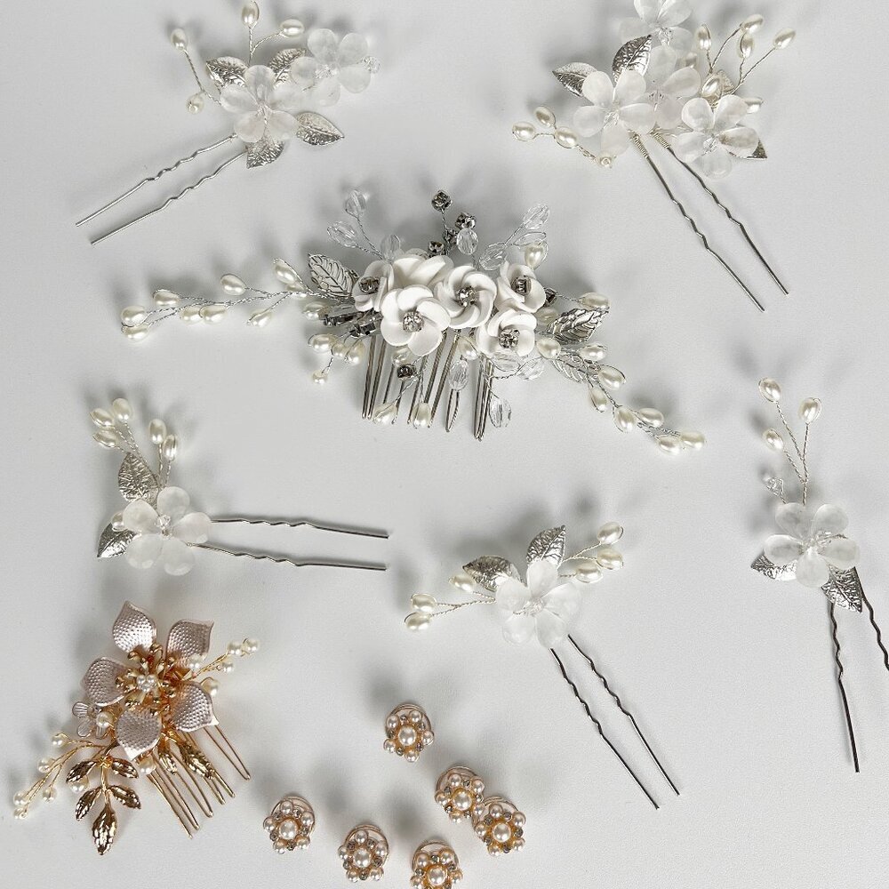 Bridal Hair Pin Accessories Floral Silver Gold Pearl Bead Romantic Bride Wedding